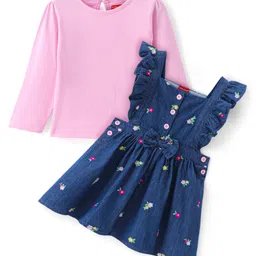 Babyhug Cotton Woven Full Sleeves T-Shirt with Floral Embroidered Frock - Navy Blue & Pink-image-35