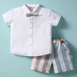 ToffyHouse Poplin Woven Half Sleeves Printed Shirt & Striped Shorts Set with Bow & Suspender - White-picture-15
