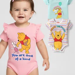 Babyhug Disney Interlock Knit Half Sleeves Onesies With Winnie The Pooh Graphics & Frill Detailing Pack of 3 - Pink Blue & White-picture-21