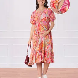 Bella Mama Woven Three Fourth Sleeves Maternity Dress with Abstract Print- Dark Pink-picture-12