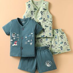 CUCUMBER Sinker Knit Half Sleeves Shorts Co-Ord Night Suits With Airplane Print Pack of 2 - Blue & Green-picture-19