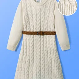 Hola Bonita Knit Full Sleeves Woollen Dress with Belt & Cable Knit Design - Off White-image-60