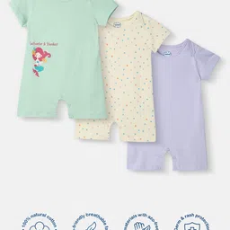 Nautinati 100% Cotton Knit Pack Of 3 Half Sleeves Mermaid & Polka Dots Printed Rompers - Purple White & Green-picture-15