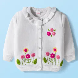 Babyhug Knit Full Sleeves Front Open Sweater with Floral Embroidery - White-picture-24