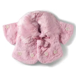 Babyhug Fur Woven Full Sleeves Jacket with Pearl Floral Applique - Pink-picture-10
