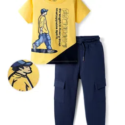 OLLINGTON ST. Cotton Knit Half Sleeves Text Printed T-Shirt & Joggers Set - Yellow & Navy Blue-picture-13