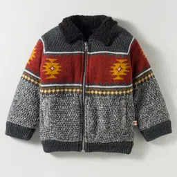 Yellow Apple Knit Full Sleeves Front Open Sweater with Aztec Design - Black-image-60