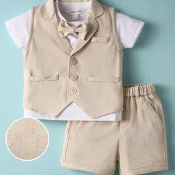 Mark & Mia Cotton Woven Half Sleeves T-Shirt With Attached Bow Textured Waist Coat & Shorts with Checks Design - Cream & White image 2