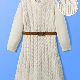 Hola Bonita Knit Full Sleeves Woollen Dress with Belt & Cable Knit Design - Off White image 2