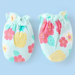 Babyhug 100% Cotton Knit Floral Printed Mittens & Booties - Blue image 3