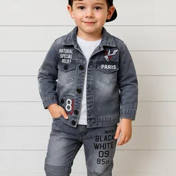 Shirazi Kids Boys Printed Long Sleeves Denim Jacket With Trousers-image-0