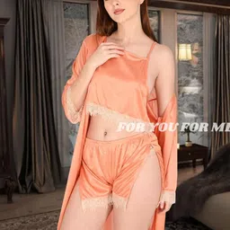 for you for me Satin 3-Piece Lace Trim Nightwear Set image 3