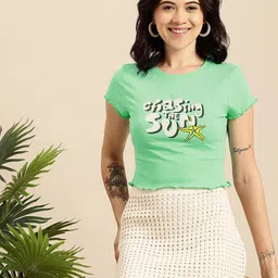 Mast & Harbour Pure Cotton Typography Printed Crop T-shirt image 1