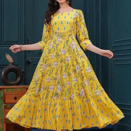 Da Vastraagaar Floral Printed Notch Neck Thread Work Cotton Maxi Gown Ethnic Dress-picture-34