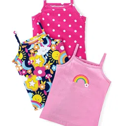 Babyhug 100% Cotton Knit Singlet Sleeves Slips with Polka Dots & Rainbow Print Pack of 3 - Pink & Blue-picture-13