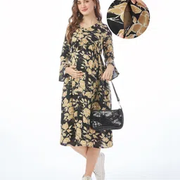 Bella Mama Woven  Three Fourth Sleeves Floral Printed Maternity Dress - Black-image-55