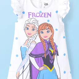 Babyhug Disney Single Jersey Knit Frill Sleeves Nighty with Elsa & Anna Graphics - White-picture-10