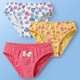 Babyoye Cotton Elastane Knit Panties With Floral & Star Print Pack Of 3 - Pink Yellow & White image 1