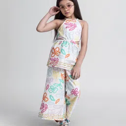 Taffykids 100% Cotton Sleeveless Floral Printed Top & Palazzo Coordinating Set - Multi Colour-image-20