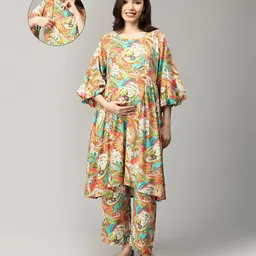 The Mom Store Cotton Three Fourth Balloon Sleeves Floral Printed Maternity Kurta With Nursing Access & Pant Set - Multi Colour-picture-21