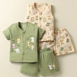 CUCUMBER Sinker Knit Half Sleeves Shorts Co-Ord Night Suits With Animal Print Pack of 2 - Green & Cream-picture-46
