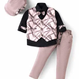 Radutu Full Sleeves Abstract Printed 3 Piece Party Suit With Cap & Bow Set - Light Peach & Black-picture-20