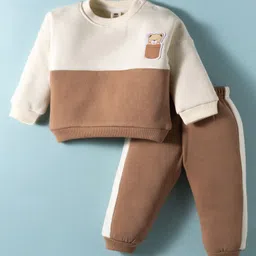 ToffyHouse Fleece Knit Full Sleeves Cut & Sew Winter Night Suit with Bear Patch Detailing - Brown-picture-26