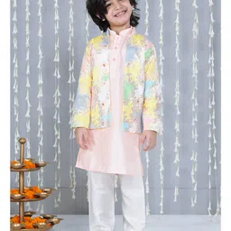 KID1 Silk Woven Full Sleeves Solid Kurta Pyjama With Floral Printed Jacket Set - Peach-picture-22