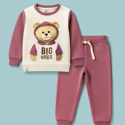 Ollypop Looper Knit Full Sleeves T-Shirt and Lounge Pant with Teddy Print - Cream & Rose Gold-picture-15