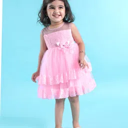 Babyhug Sleeveless Mesh Party Dress With Floral Embroidery & Corsage - Pink image 2