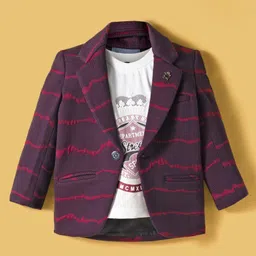 Dapper Dudes Full Sleeves Textured Blazer With Typography Printed Tee & Pant Set - Maroon image 2