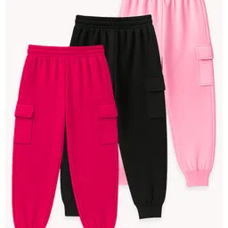 KUCHIPOO Cotton Blend Knit Pack Of 3 Solid Cargo Trackpants - Multi Colour image 3