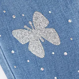 Babyhug Cotton Stretchable Washed Full Length Butterfly Print Jeans - Blue image 3