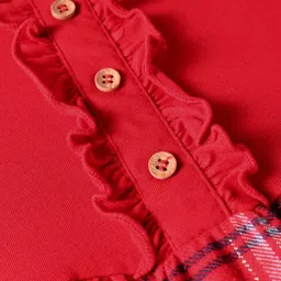 Babyhug Cotton Woven Full Sleeves Checkered Frock With Frill Detailing - Red image 3