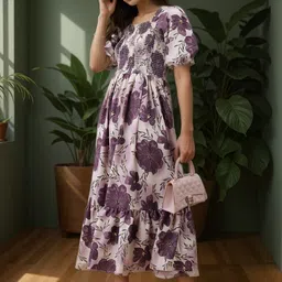 FIXOCRA Women Floral Printed Puff Sleeve Fit & Flare Midi Dress image 5
