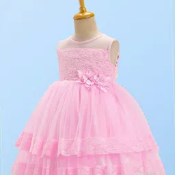 Babyhug Sleeveless Mesh Party Dress With Floral Embroidery & Corsage - Pink image 4