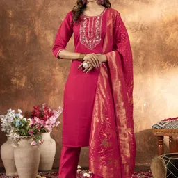 Peach Petals Women Ethnic Motifs Embroidered Regular Kurta with Trousers & Dupatta-picture-10