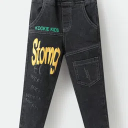 Kookie Kids Full Length Washed Denim Jeans With Text Print - Charcoal Grey-image-98