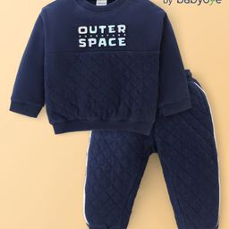 Babyoye Quilted Cotton Full Sleeves T-Shirt & Lounge Pants Set With Space Adventure Print - Navy-picture-2