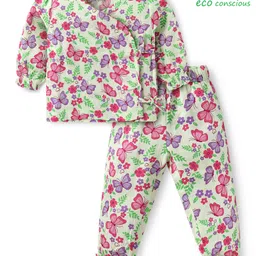 Babyoye 100% Organic Muslin Woven Full Sleeves Night Suit with Floral & Butterfly Print - Light Green-picture-27