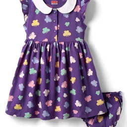 Babyhug Single Jersey Knit Frill Sleeves Peter Pan Collar Frocks & Bloomers With Butterfly Print - Purple-picture-11