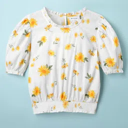 kookie kids india Kookie Kids Cotton Woven Half Sleeves Top With Floral Print & Frill Detailing - White & Yellow-picture-14