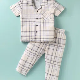Smarty Boys Sinker Knit Half Sleeves Co-ords Night Suit With Checks Print - Cream-picture-35