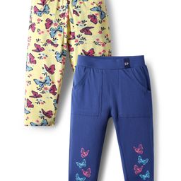 Honeyhap Cotton Elastane Knit Butterfly Printed Three Forth Length Leggings With Bio Finish Pack Of 2 - Limoges & Lemon Maringue-picture-7
