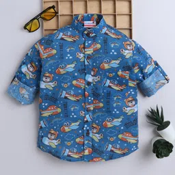BAATCHEET Cotton Woven Full Sleeves Aeroplane & Bear Printed Shirt - Blue-picture-24