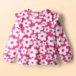 Babyhug 100% Cotton Knit Full Sleeves Top with Floral Print & Frill Detailing - Pink-picture-31