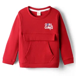 Olio Kids Knitted Full Sleeves Winter T-Shirt With Kangaroo Pockets & Girl Gang Print - Dark Red-image-26