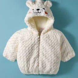 Babyhug Fur Woven Full Sleeves Hooded Winter Jacket With Bear & Ear Applique - White-picture-23