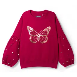 Pine Kids Cotton Knit Full Sleeves Sweatshirt With Butterfly Print & Pearl Detailing - Red-picture-31