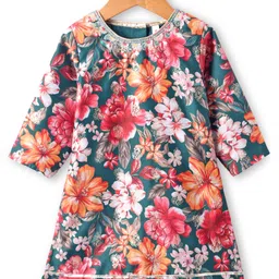 Babyhug Woven Three Fourth Sleeves Digital Floral Printed Kurta Gharara Set with Dupatta & Lace Detailing - Teal Blue image 2